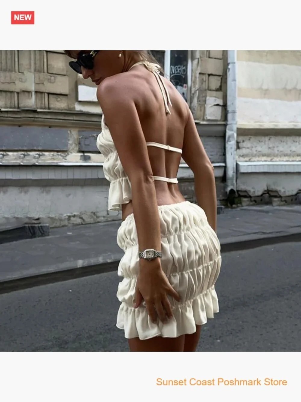 Y2K Boho Two Piece Skirt Set Pleated Ruffled Backless Crop Top Lace Up See